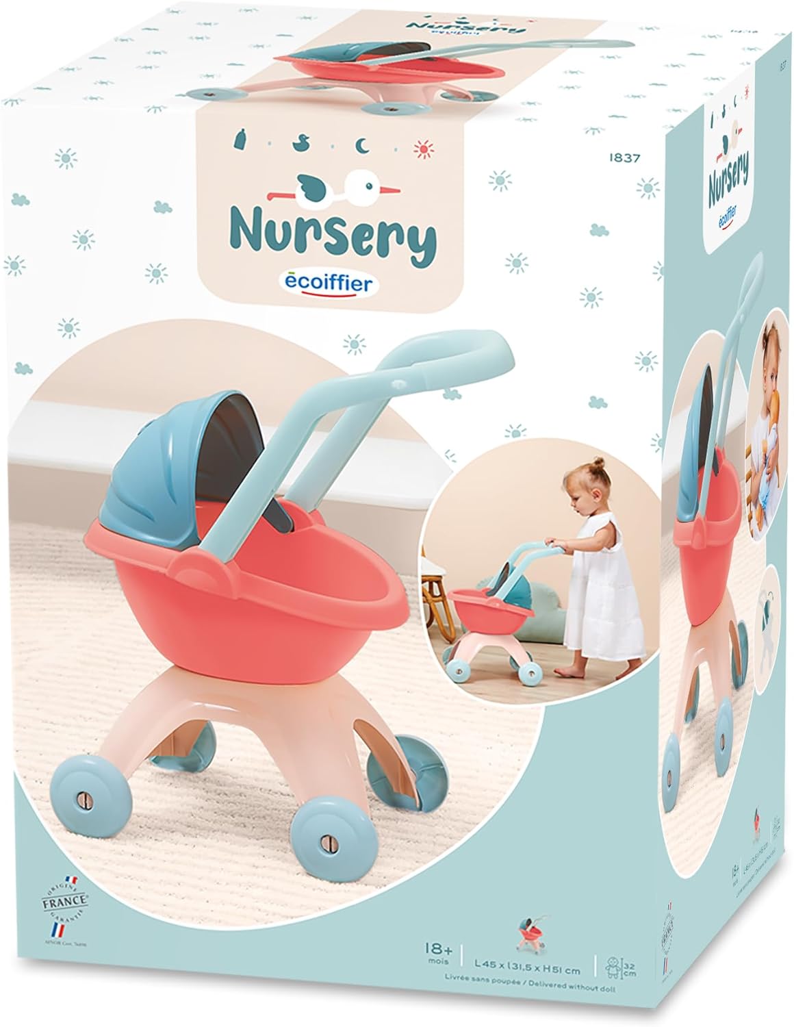 Ecoiffier Carrozzina Giocattolo per Bambole - Passeggino in Plastica per Bambini +18 Mesi