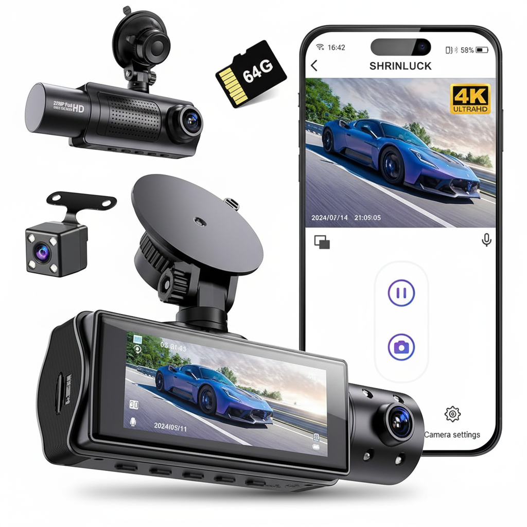 Dashcam Auto SHRINLUCK 4K WiFi Tripla con visione notturna