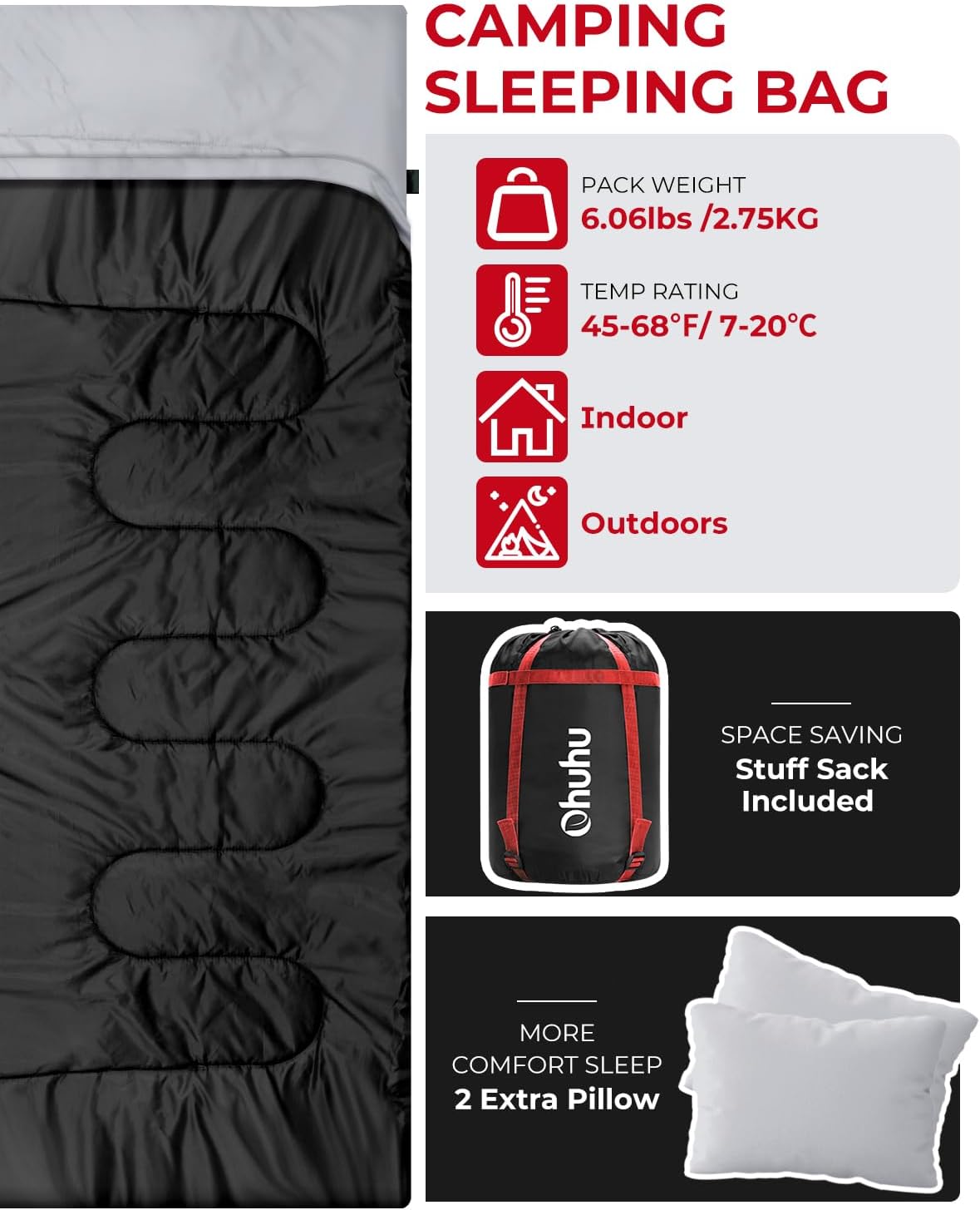 Set camping completo con sacco a pelo 3 stagioni e cuscini