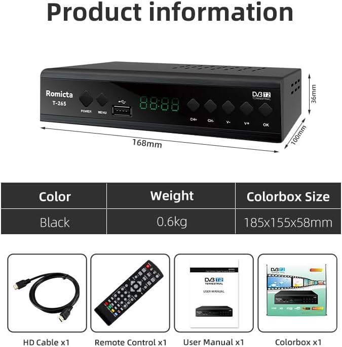 Romicta Decoder Digitale Terrestre DVB-T2 Full HD con HEVC e telecomando universale