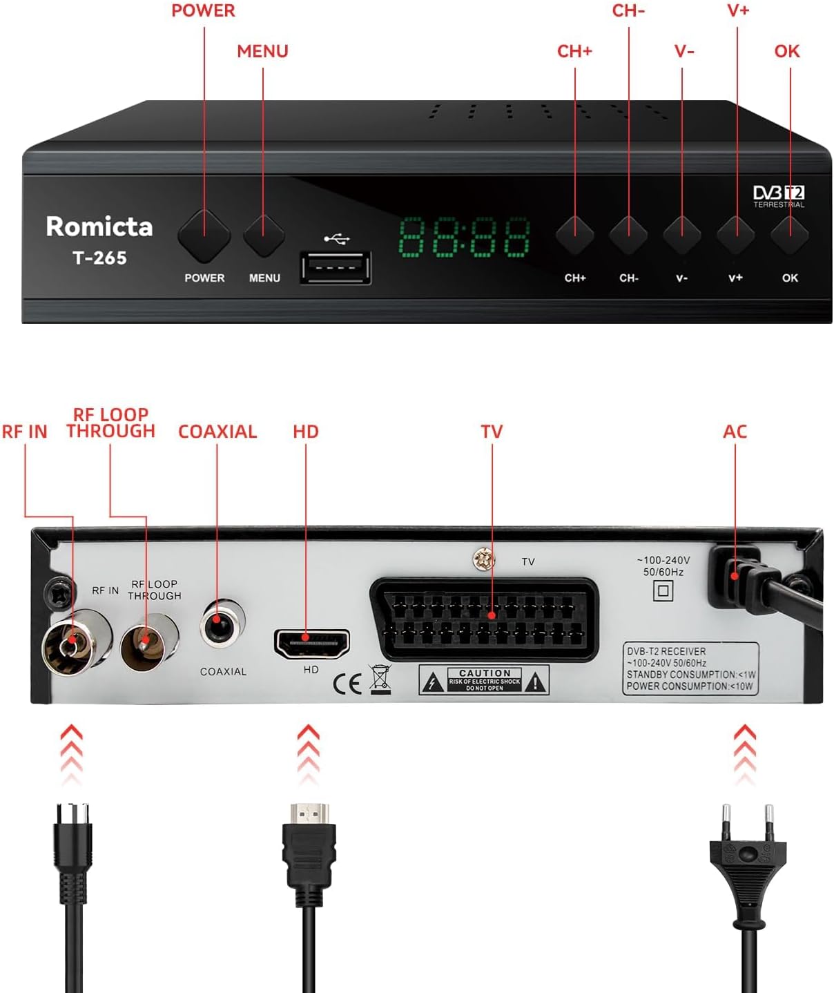 Ricevitore digitale terrestre Romicta con telecomando 2in1 e funzione USB PVR