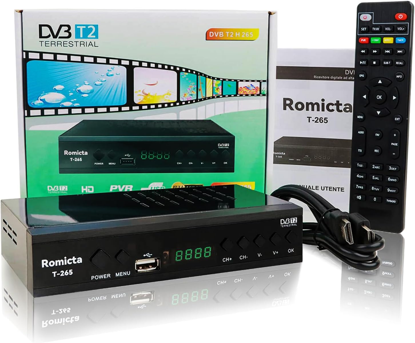 Decoder Full HD 1080P Romicta per digitale terrestre - dettaglio porte e accessori