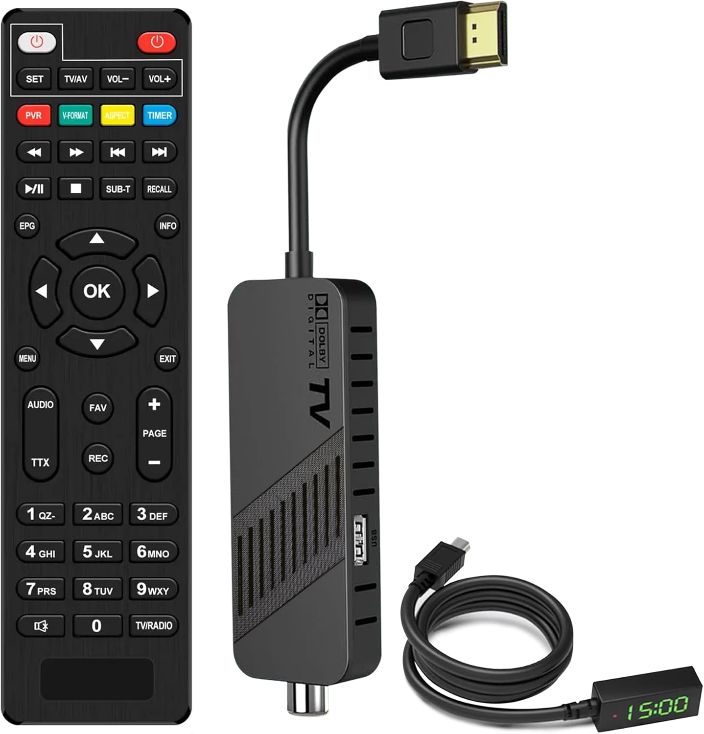 Decoder TV DVB-T2 Leyf con telecomando 2-in-1 e display digitale