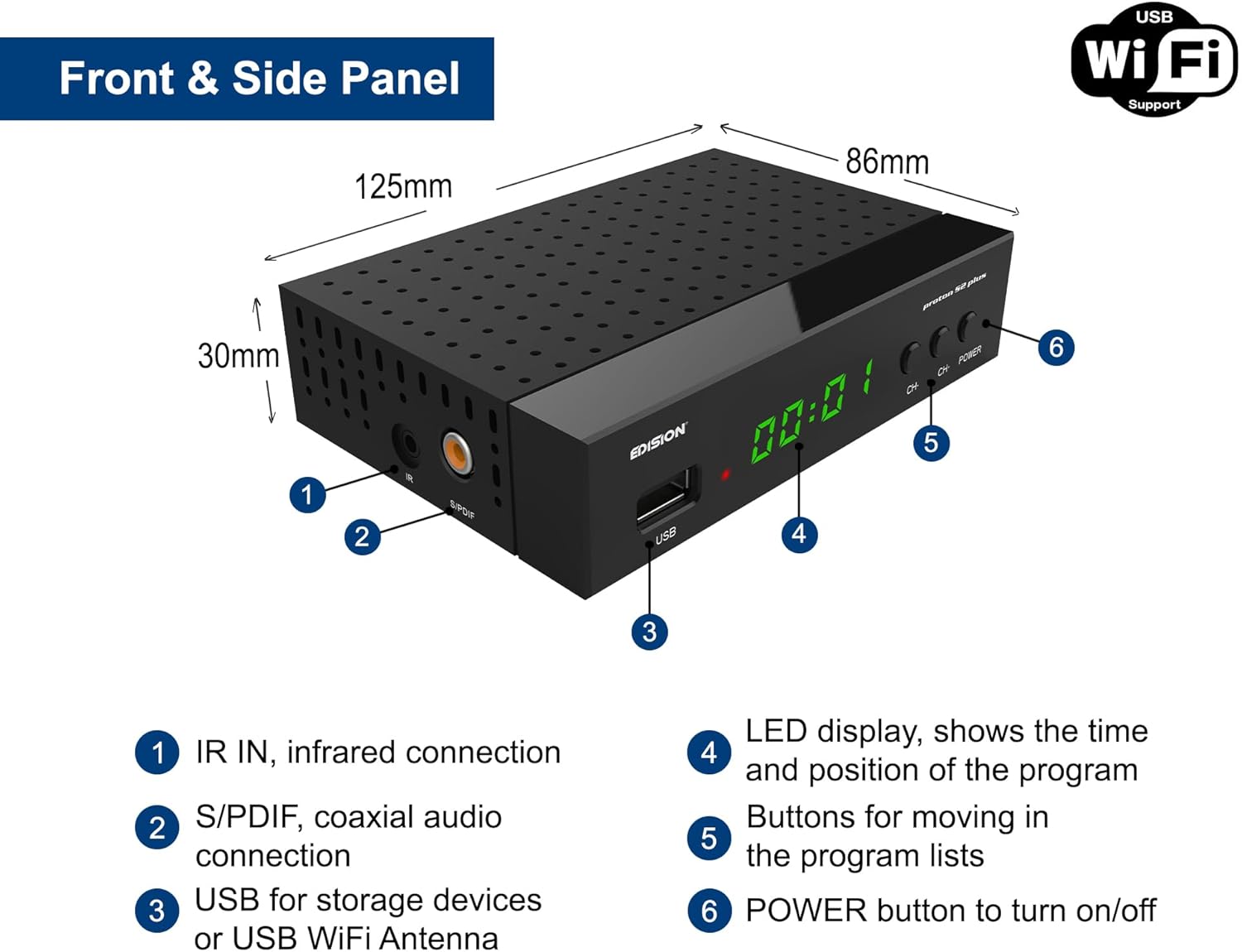 Decoder satellitare EDISION DVB-S2 Full HD connessioni HDMI USB WiFi