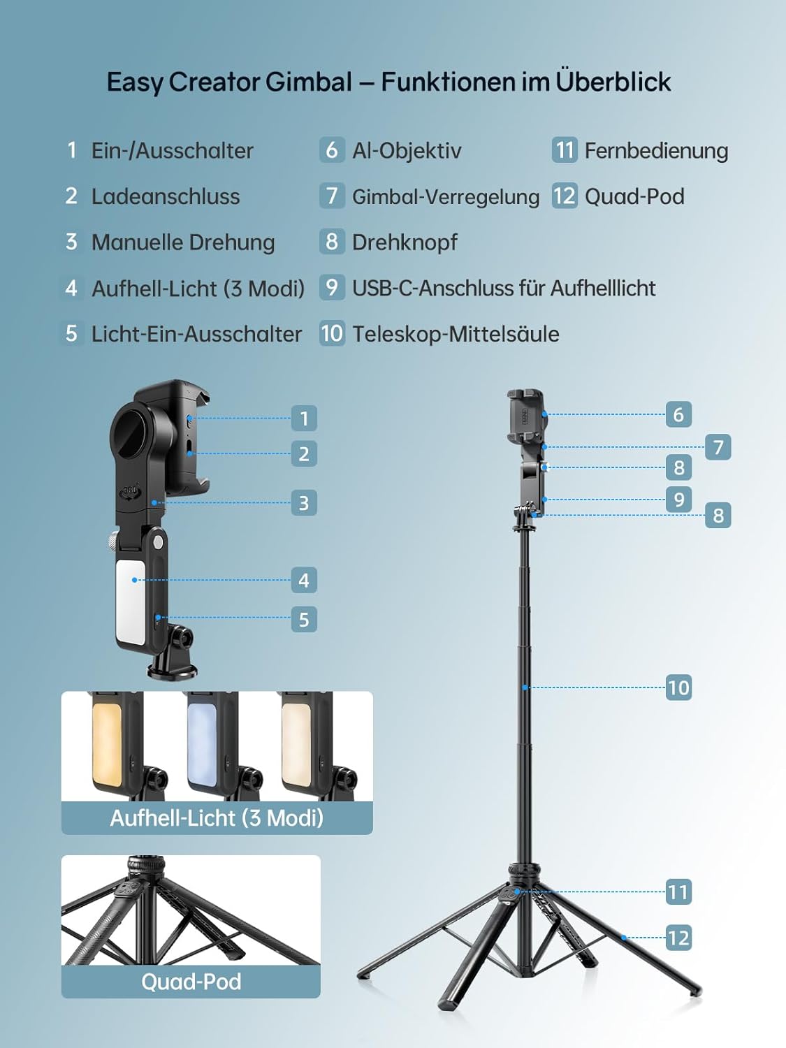 Rollei Easy Creator gimbal stabilizzatore smartphone con AI tracking 360 gradi