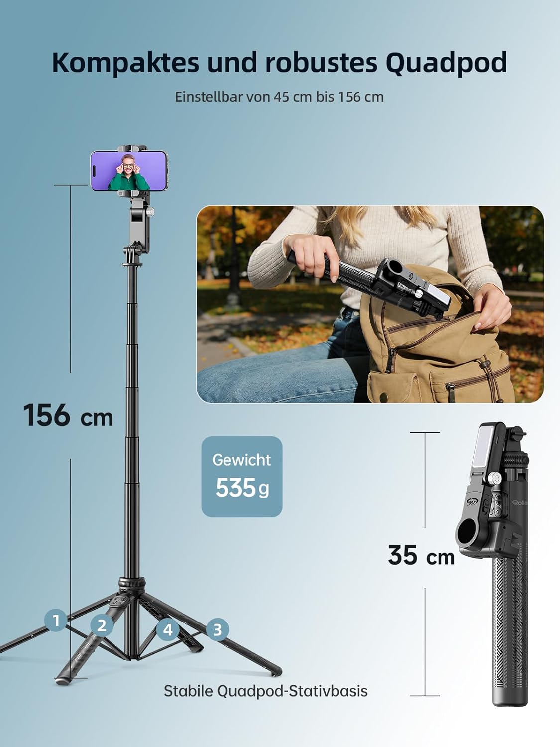 Gimbal Rollei con selfie stick estensibile e telecomando per video professionali