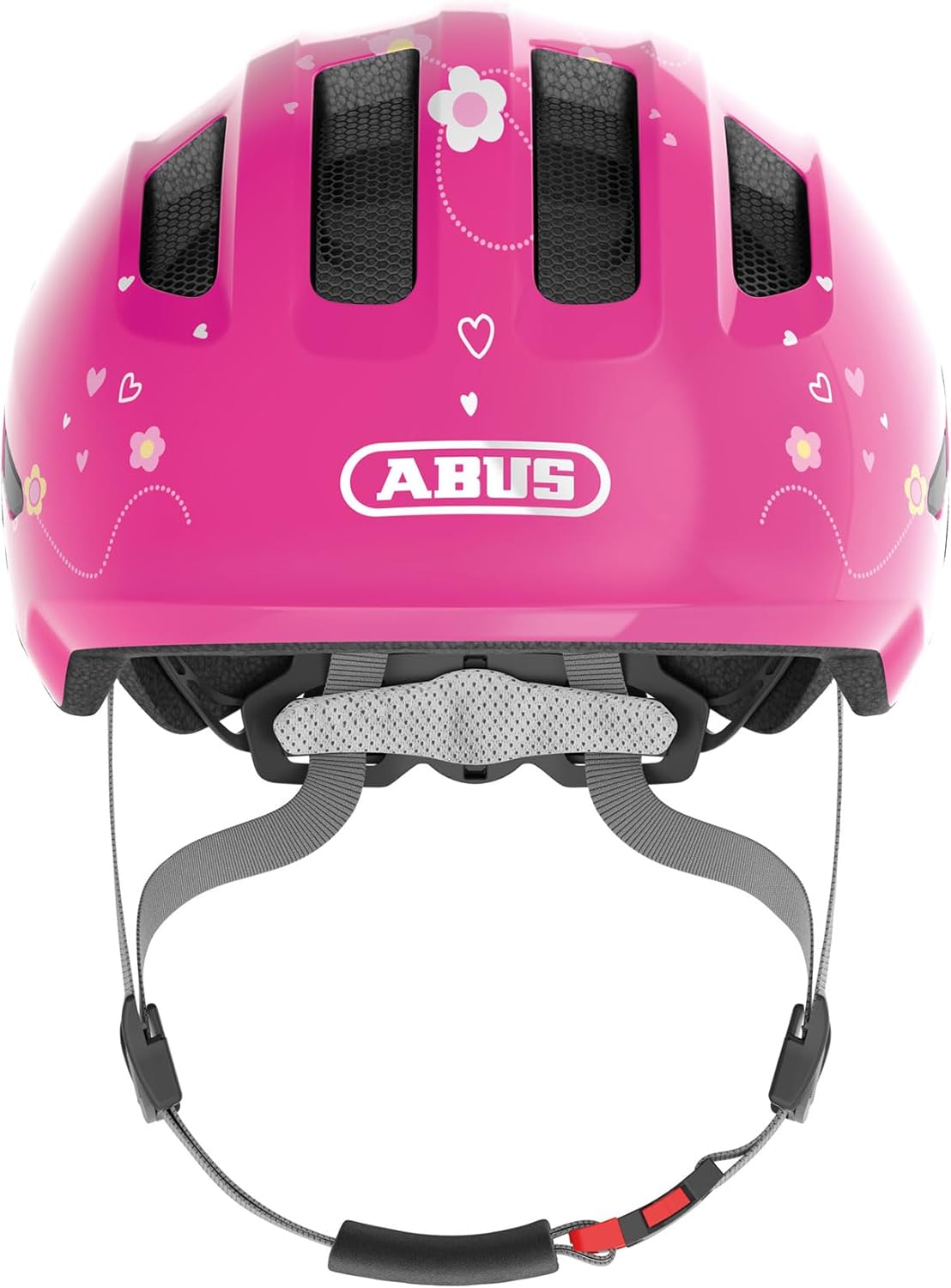 Casco ciclismo ABUS per bambini design farfalle rosa con passaggio codino