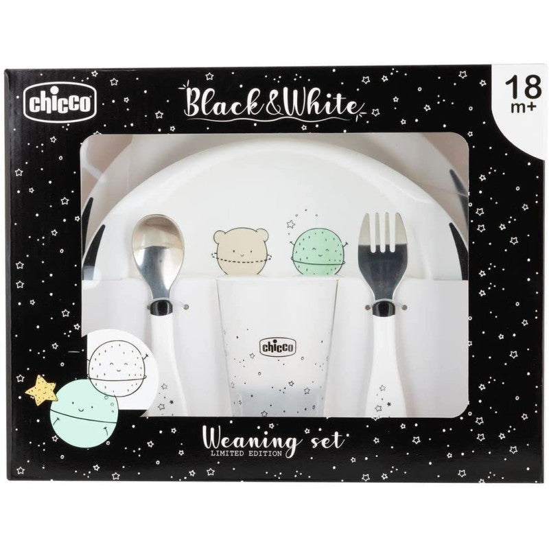 Chicco Set Pappa Planets bianco e nero per bambini 18 mesi - piatti e posate