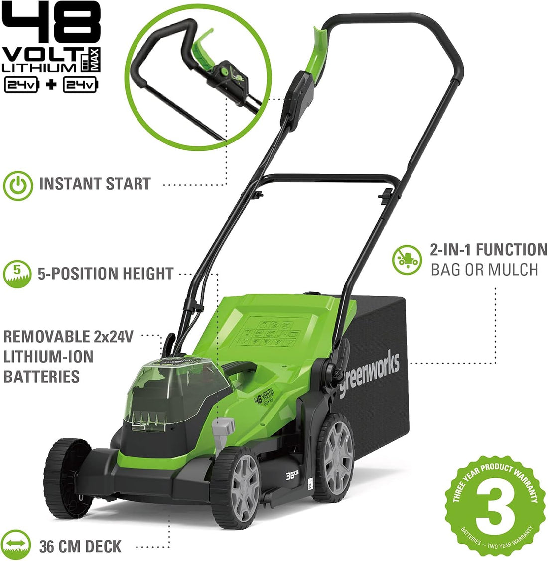 Greenworks G24X2LM36K4X tagliaerba a batteria 48V con larghezza taglio 36cm