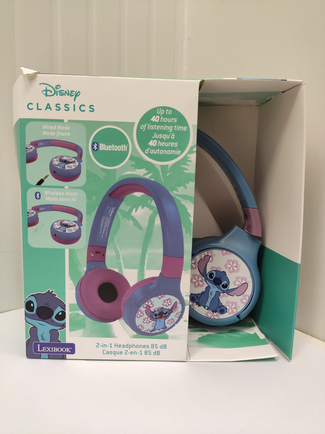 Lexibook, Disney Stitch, Cuffie Bluetooth e via cavo 2 in 1 con microfono e pulsante di controllo, pieghevoli e regolabili, batteria ricaricabile a lunga durata