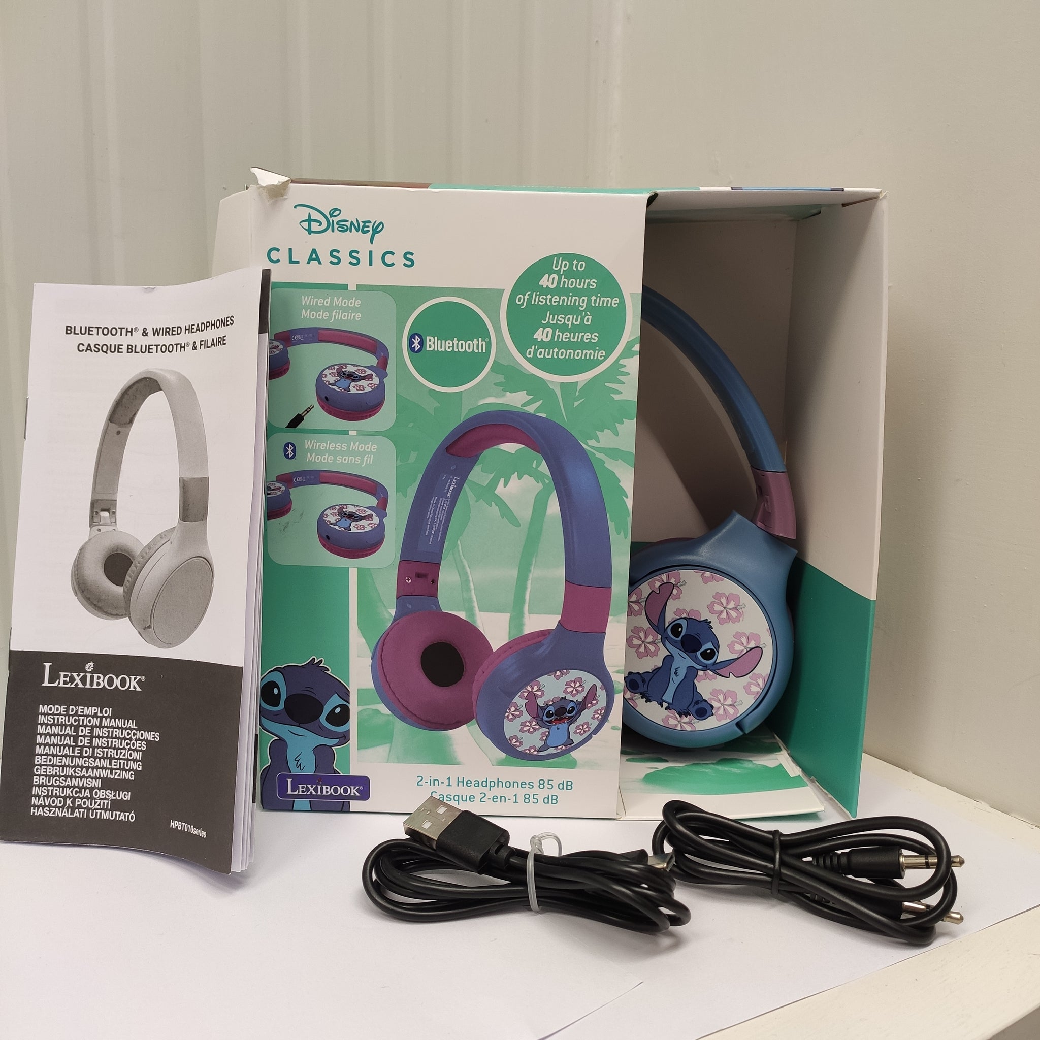 Lexibook, Disney Stitch, Cuffie Bluetooth e via cavo 2 in 1 con microfono e pulsante di controllo, pieghevoli e regolabili, batteria ricaricabile a lunga durata