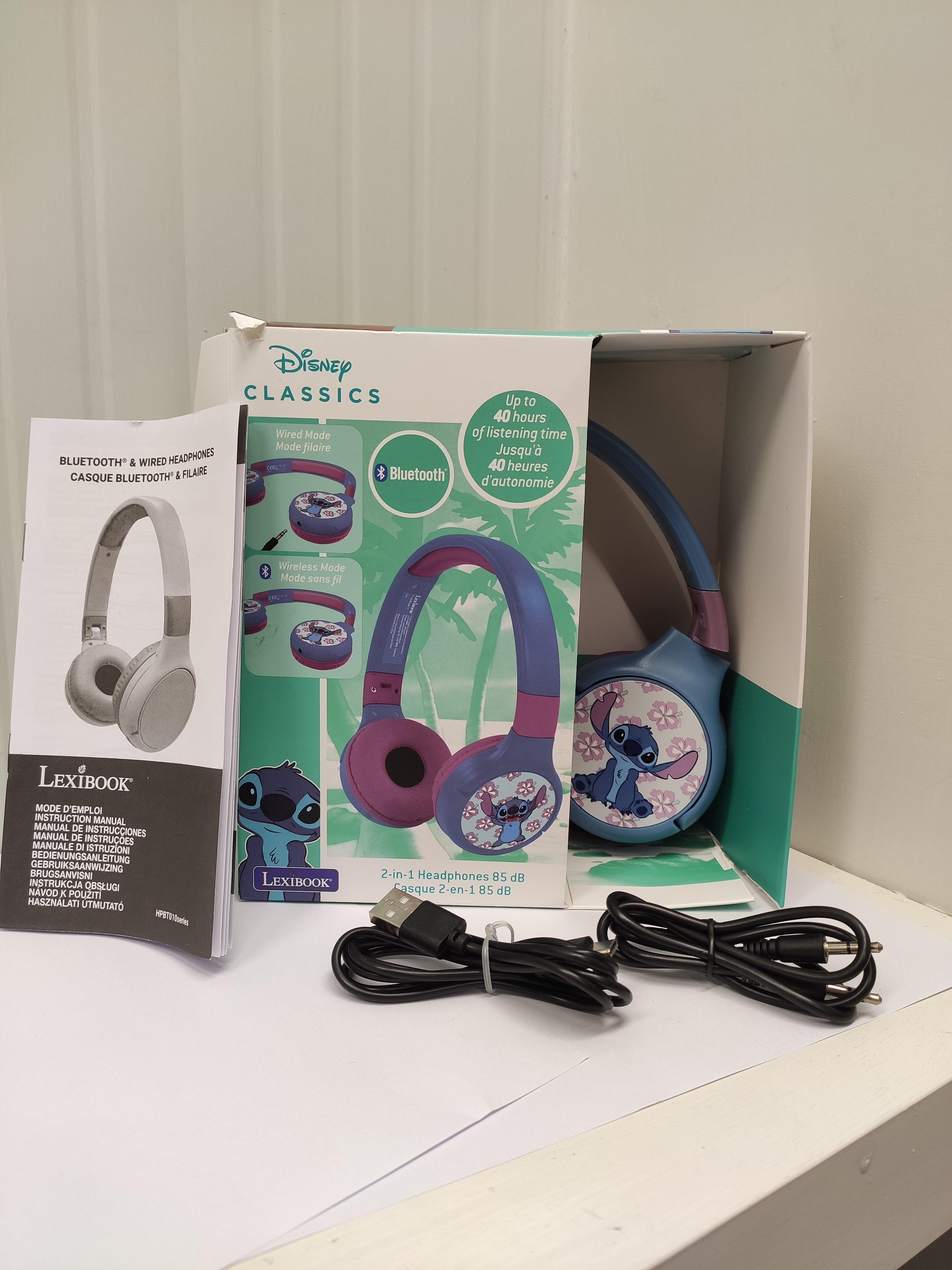 Lexibook, Disney Stitch, Cuffie Bluetooth e via cavo 2 in 1 con microfono e pulsante di controllo, pieghevoli e regolabili, batteria ricaricabile a lunga durata