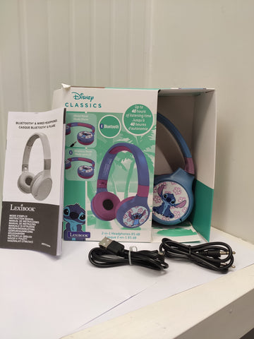 Lexibook, Disney Stitch, Cuffie Bluetooth e via cavo 2 in 1 con microfono e pulsante di controllo, pieghevoli e regolabili, batteria ricaricabile a lunga durata